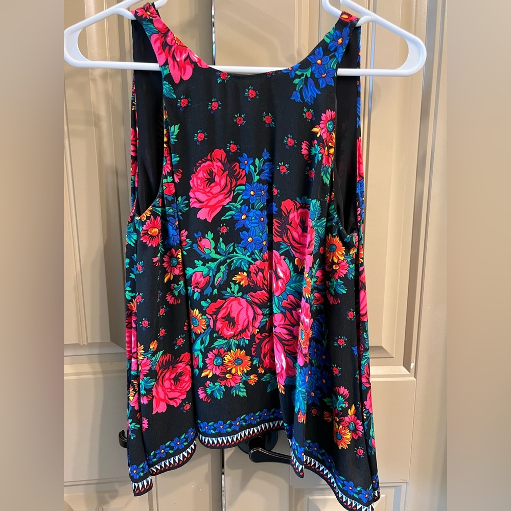 Zara Black Top with Blue Floral Pattern